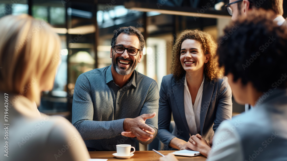 Close-up of a business meeting with several individuals over a wooden table, suggesting a modern, tech-savvy professional environment.