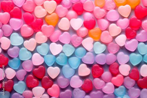 Closeup of pink candy hearts and sweets in shape of love symbol on pink background, for Valentine's day