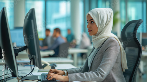 Professional woman wearing a hijab and working at a computer in an office environment.