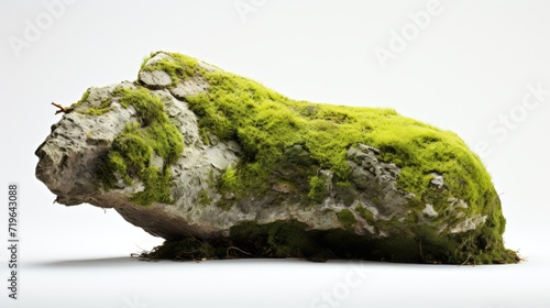 Stone covered with moss isolated on a clean white background, capturing the organic and textured beauty of nature