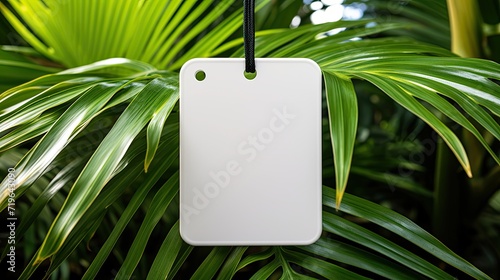 Blank empty mockup of tag label on green tropical background. Generative AI