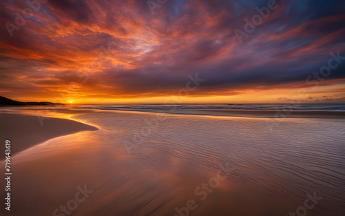 Vibrant sunset with clouds reflected on the wet sand during low tide © julien.habis