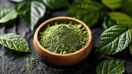 the matcha powder on green leaf of a plant, in the style of allover composition