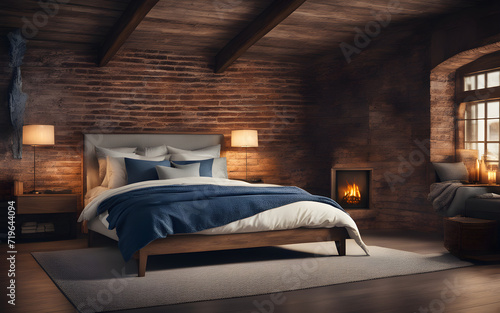 Bed with blue pillow and coverlet near fireplace. Loft interior design of modern bedroom with brick wall