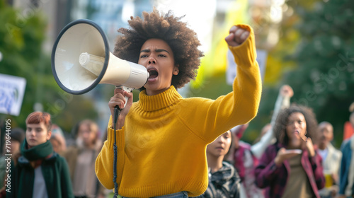 Young woman with curly hair, wearing a mustard yellow sweater, enthusiastically speaking into a megaphone at a public demonstration, surrounded by a diverse crowd of people