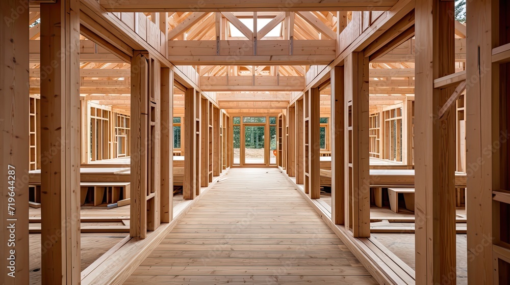 Wooden frame structure house building. Generative AI Wooden frame structure house building. Generative AI