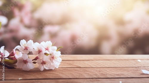 Empty wooden tabletop and spring cherry blossom branch on blurred background for displaying or mounting your products