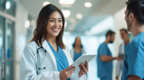 Smiling young female doctor with a stethoscope around her neck, holding a tablet, standing in a hospital corridor.