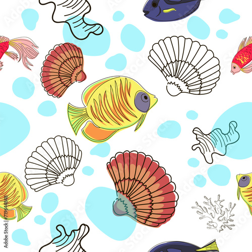 Seamless pattern of colorful fish, shell, coral and waves in doodle style. Marine pattern. Vector illustration.