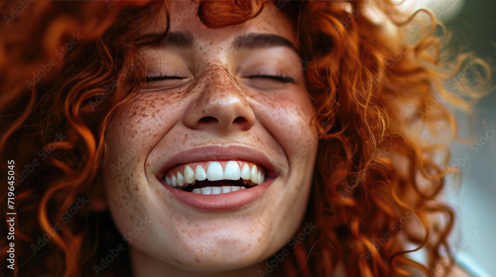 Joyful red-haired woman with freckles smiling broadly, showing her teeth.