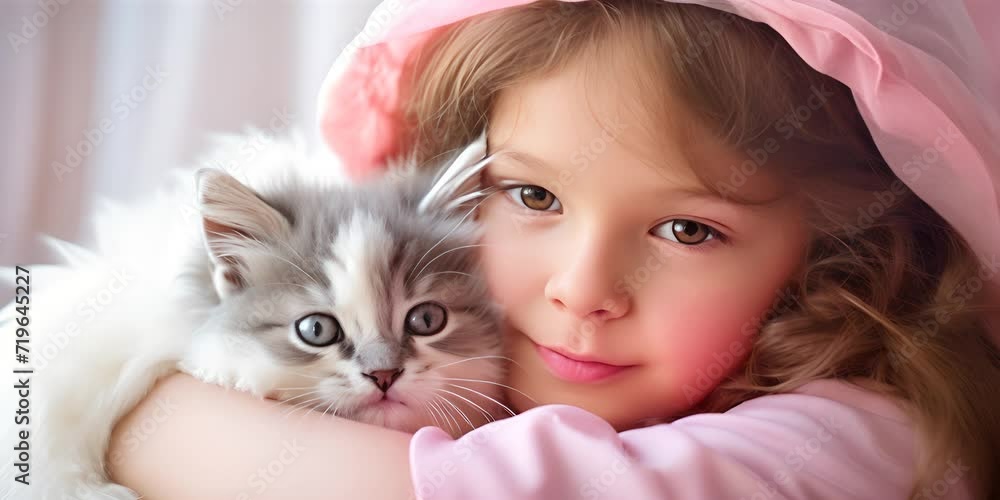 A girl in a pink bonnet gently holds a white fluffy kitten close to her face. A girl in a pink bonnet gently holds a white fluffy kitten close to her face.