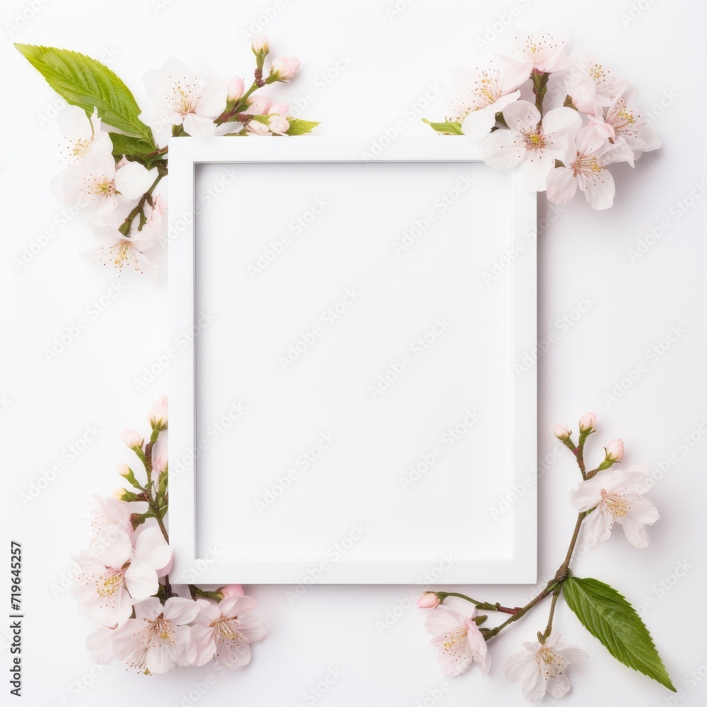 White Square Frame Surrounded by Flowers on White Background