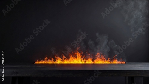 Empty Wooden Table Background Blurred Flame Smoke Wall, Wooden Table