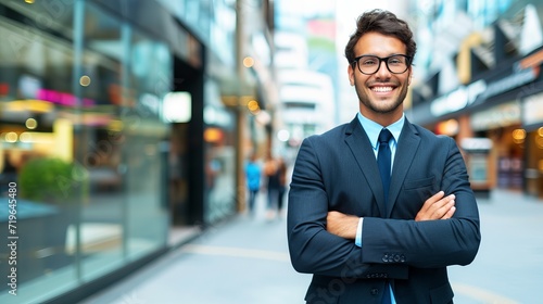 Outdoor portrait of a young businessman with blurred business center background and copy space