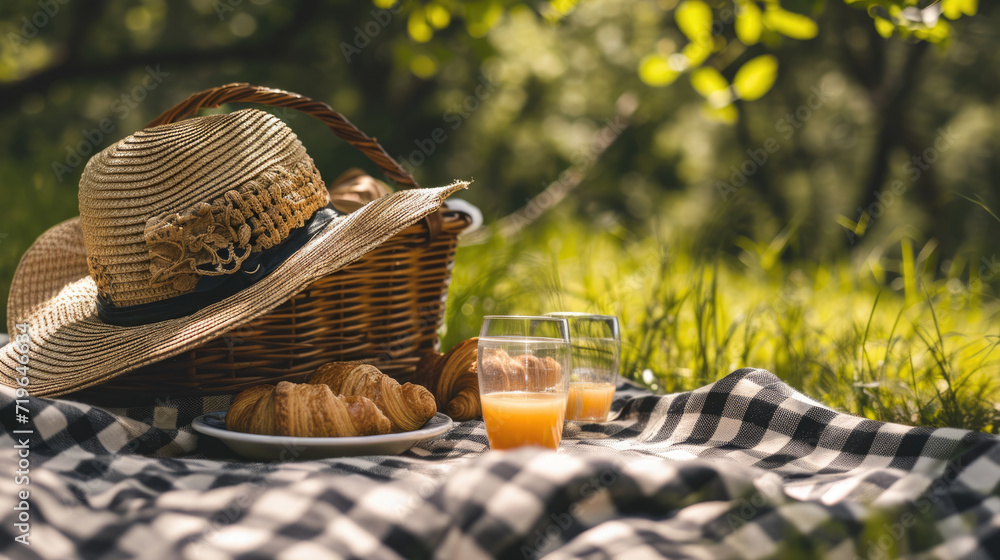 Picnic setup with a straw hat, a glass of orange juice, and fresh croissants on a blanket next to a wicker basket in a grassy park. - obrazy, fototapety, plakaty 