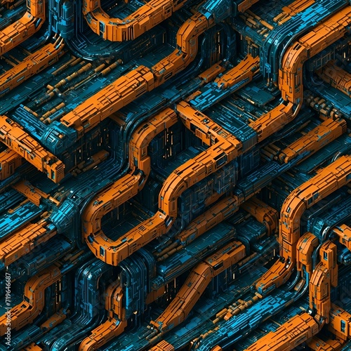 Large Group of Orange and Blue Pipes in a Seamless Pattern. Generative AI.