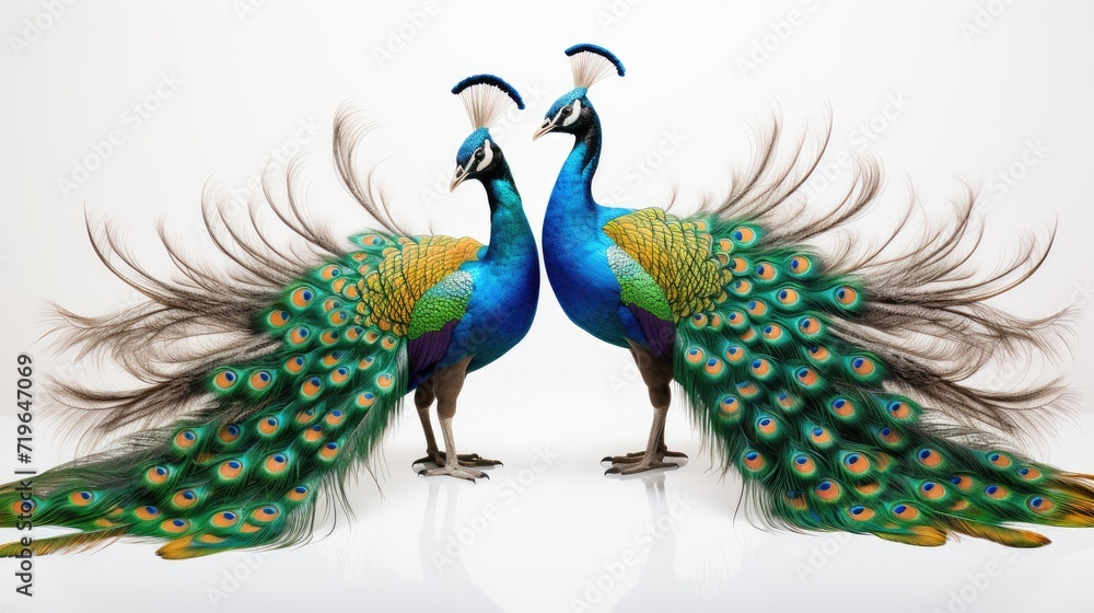 Fototapeta premium Feathered Duo: Two peacocks with vibrant feathers, isolated on a clean white background,