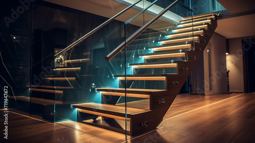 Billede på lærred A sleek, wooden staircase with glass balustrades, gently lit by LED strips under the handrails, set against a modern, artistic backdrop