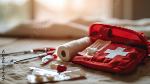 First aid kit with a white cross on a red bag, surrounded by various medical supplies photo