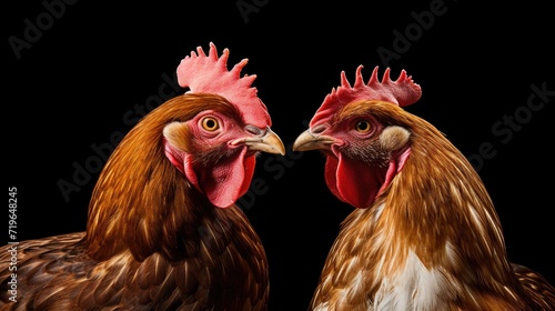 Two brown chickens engaged in lively conversation, with beaks close together, against a mysterious black background, © pvl0707