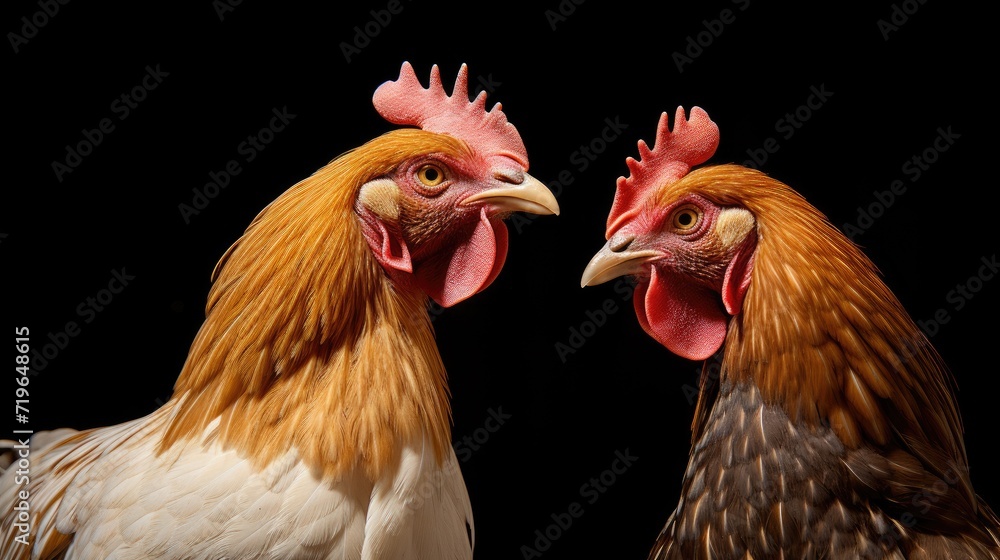 Two brown chickens engaged in lively conversation, with beaks close together, against a mysterious black background,