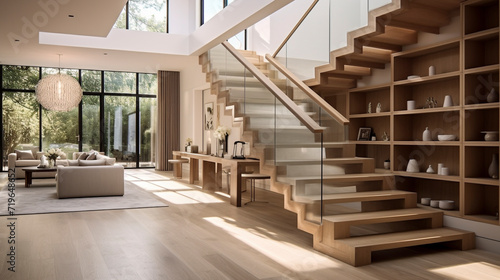 A sophisticated light oak staircase with glass sides  enhancing the visual flow of light in an upscale  modern residence.