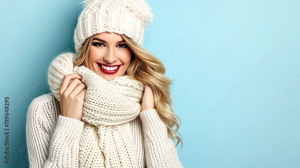 Smiling woman with scarf and knitted hat isolated on pastel background with copy space Smiling woman with scarf and knitted hat isolated on pastel background with copy space
