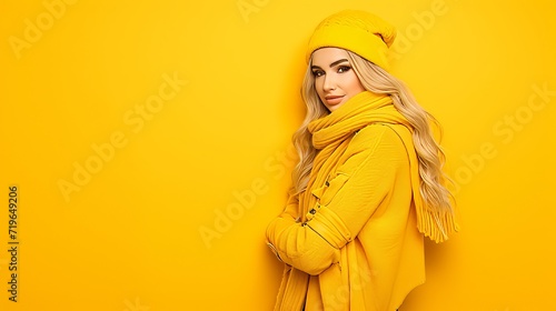 Cheerful woman in scarf and knitted hat, isolated on pastel background with space for text placement © Ilja