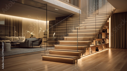 A sophisticated wooden staircase with clear glass sides  discreet LED strips under the handrails enhancing the luxury of a contemporary interior.