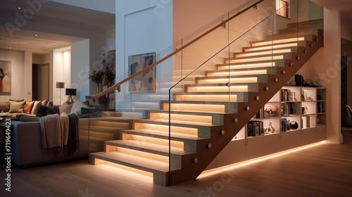 A sophisticated wooden staircase with clear glass balustrades  subtly illuminated by LED lighting beneath the handrails  in an elegant  contemporary house.