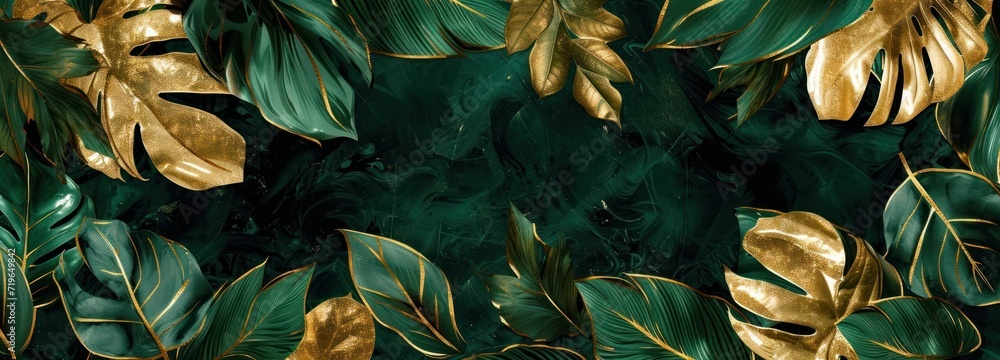 Obraz premium Vibrant Green and Gold Wallpaper With Abundant Leaves