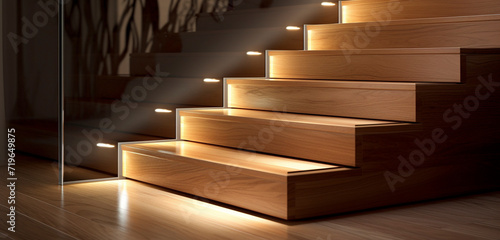 A sophisticated wooden staircase with a glossy finish, complemented by subtle LED step lights.