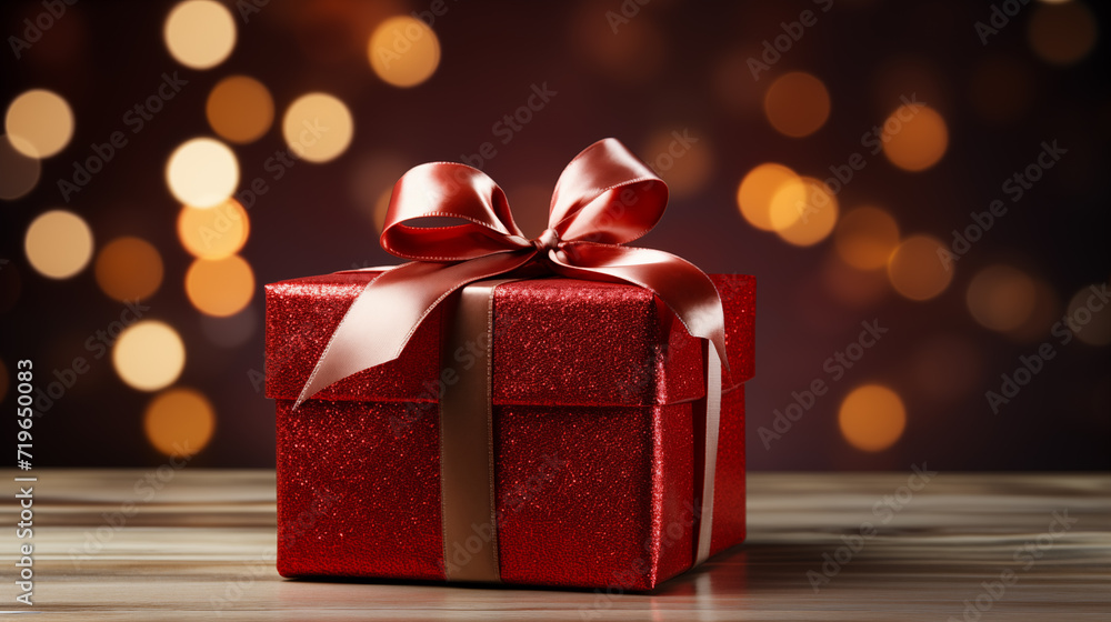 Gift box with gold and red ribbon, concept of Christmas holidays Gift box with gold and red ribbon, concept of Christmas holidays