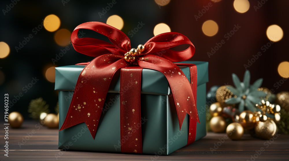 Green gift box with a red ribbon, concept of Christmas holidays