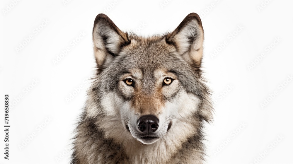 Majestic gray wolf isolated on a pristine white background, capturing the untamed beauty and predatory gaze of this solitary creature, ideal for conveying the essence of wildlife solitude