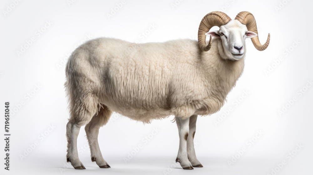 White ram isolated on a clean white background, showcasing the elegance of its horns and woolly coat, perfect for conveying the rural charm and agricultural beauty of farm life. White ram isolated on a clean white background, showcasing the elegance of its horns and woolly coat, perfect for conveying the rural charm and agricultural beauty of farm life.