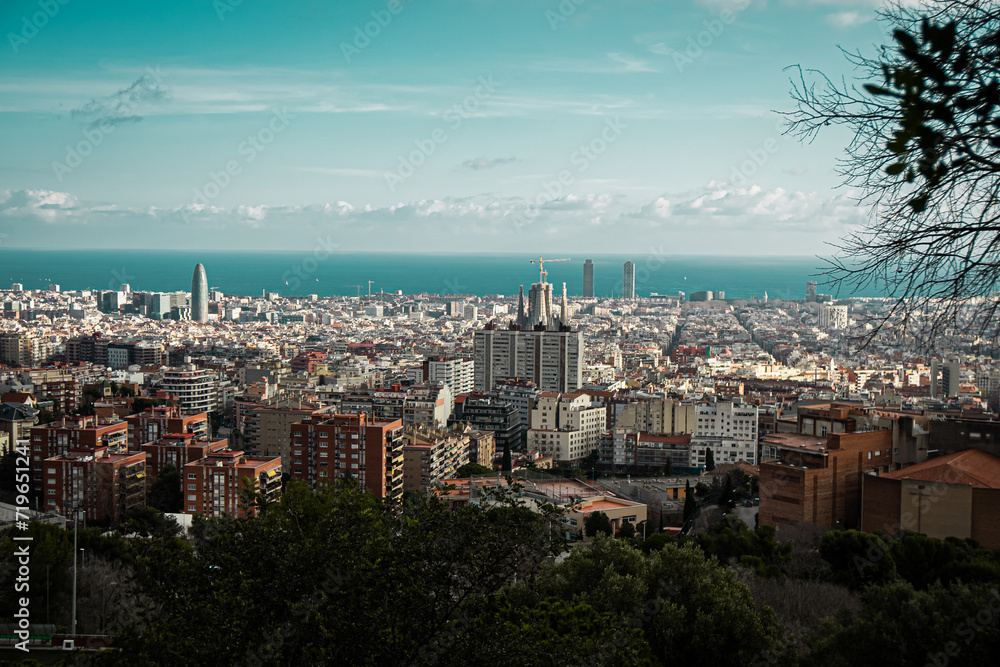 Telephoto Zoomed Landscape View of the city Barcelona, Spain