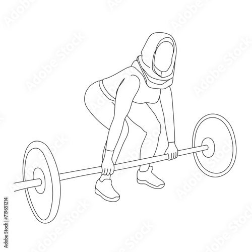Muslim Female Weightlifting continuous line vector illustration. Linear vector artwork of a Woman lifting big barbell in hijab. Isolated vector outline.