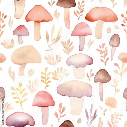 Watercolor Pattern of Mushrooms and Leaves
