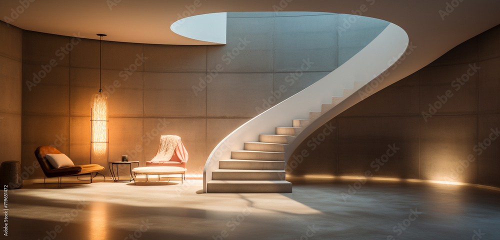 Fototapeta premium A spiral staircase in polished concrete with a wooden handrail and subtle lighting beneath each tread.