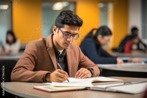 Student diligently taking notes in a classroom