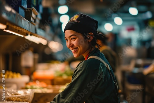 Portrait of a smiling young woman at a street food market.