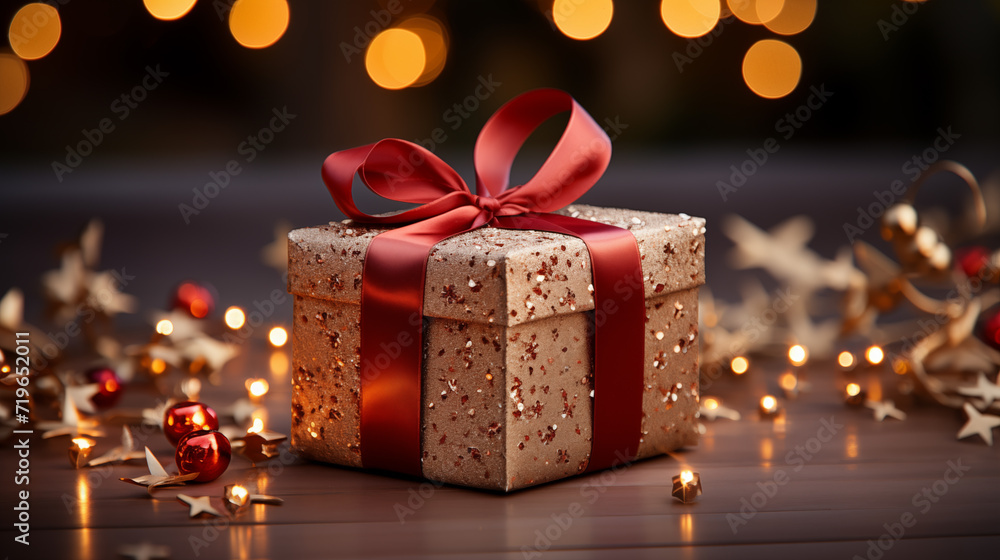 Gift box with gold and red ribbon, concept of Christmas holidays Gift box with gold and red ribbon, concept of Christmas holidays