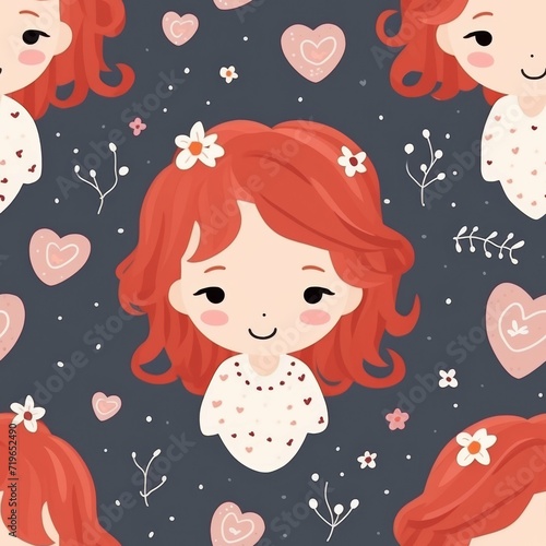 Little Girl With Red Hair Surrounded by Hearts