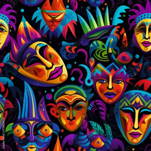 Group of Colorful Masks on Black Background