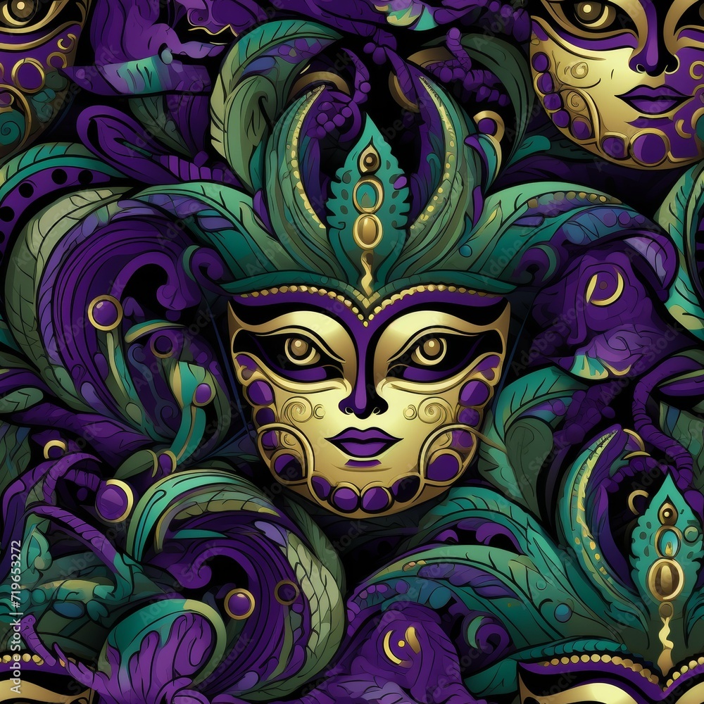 Vibrant Purple and Green Mask Surrounded by Leaves