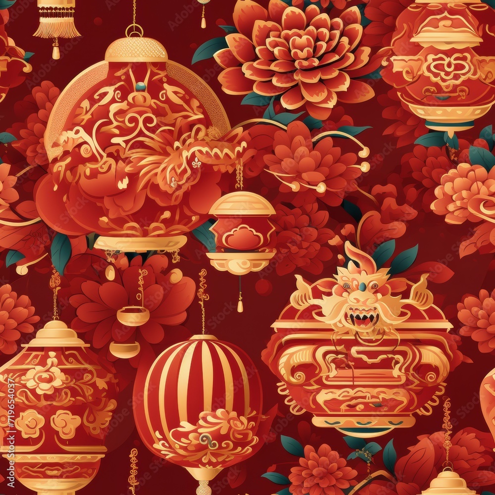 Red Background With Oriental Lanterns and Flowers