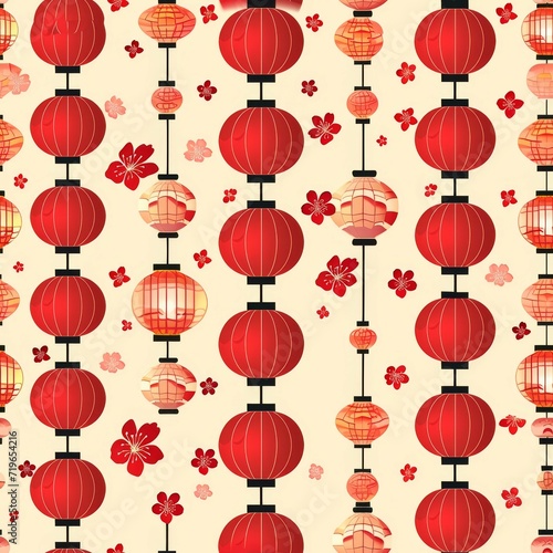 Pattern of Lanterns and Flowers on White Background