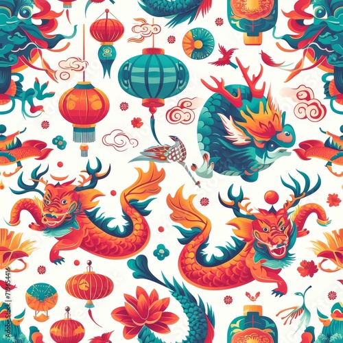 Dragon and Lanterns Pattern on White Background