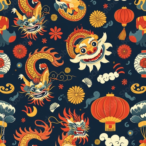 Dragon and Lantern Pattern on Blue Background